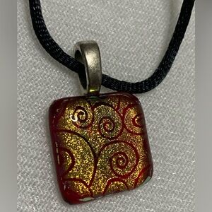 🇮🇹Yellow Gold MURANO GLASS Gold and Red Art Nouveau Pendant Necklace